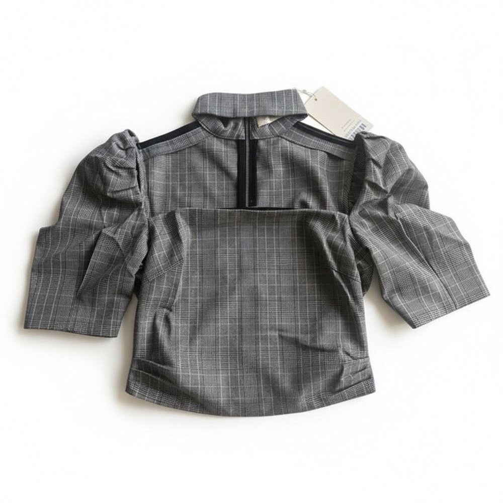 Choosy Gray Plaid Puff Sleeve Crop Top w/ Choker Detail Size 0 NWT - Picture 2 of 7
